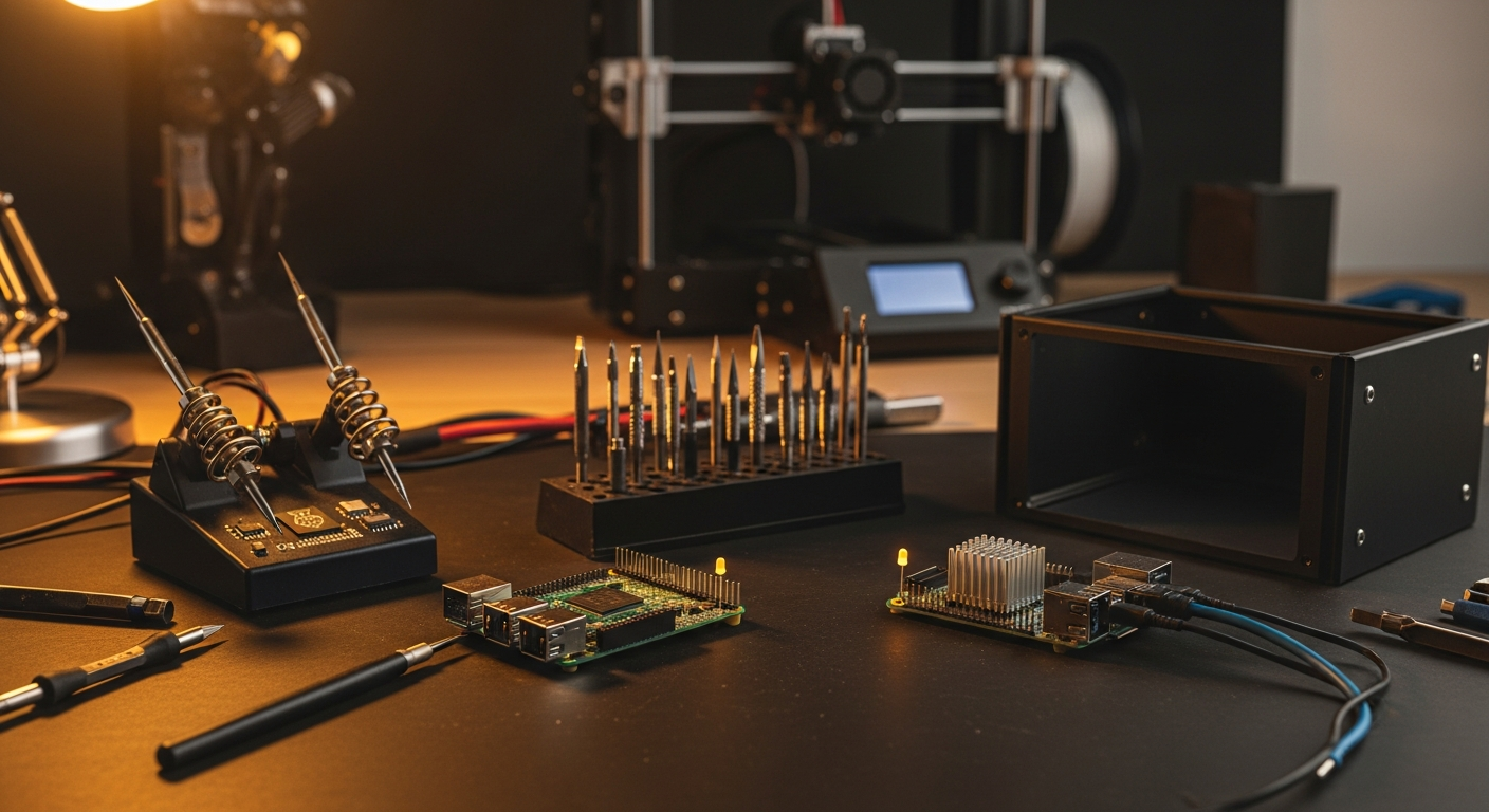 cairn maker workspace — soldering station, Raspberry Pi, and components