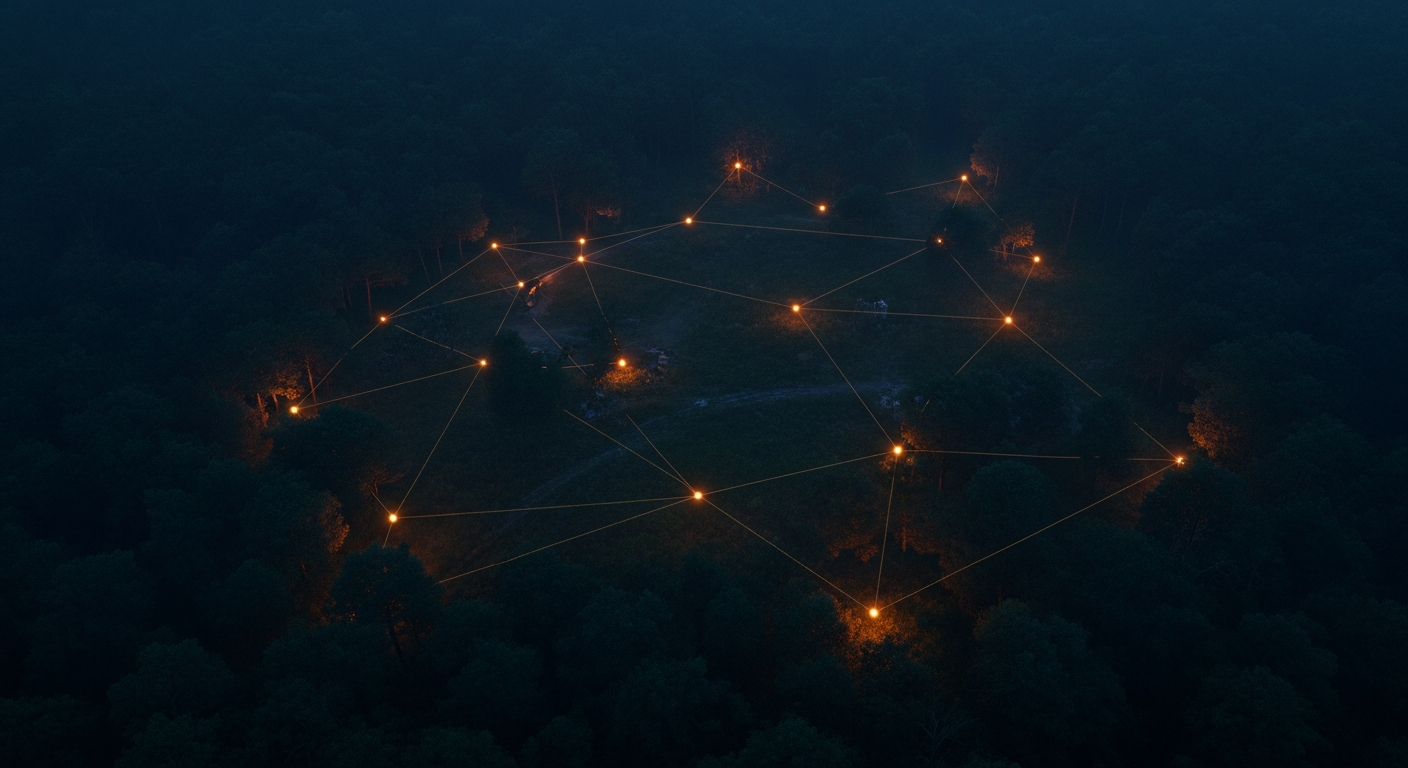 cairn mesh network concept — nodes communicating across terrain