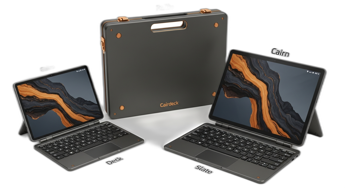 cairn cyberdeck family — deck, folio, and slate