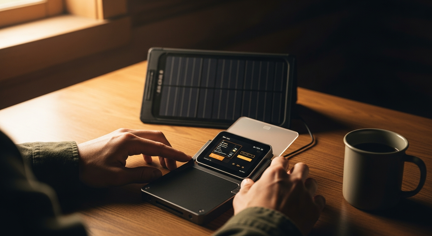 cairn in field use — solar panel charging device on wooden table